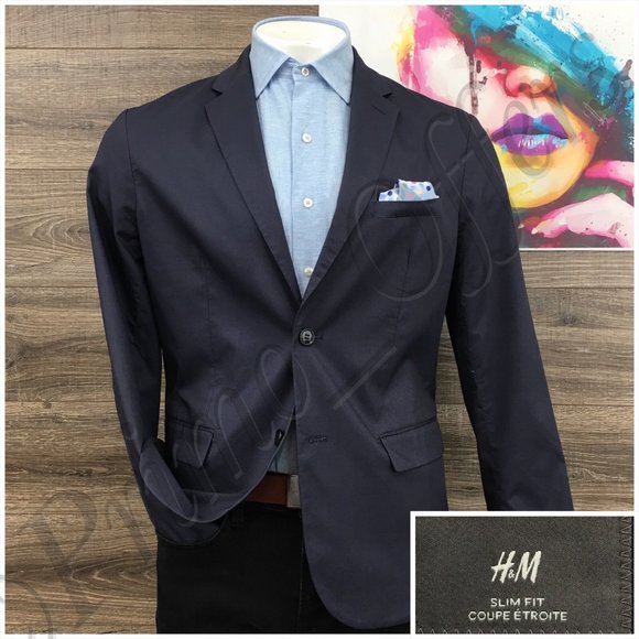 H&M Mens Blazer Sport Coat‎ Two Button Casual Jacket Size 44R Slim Cotton Suits - Picture 1 of 13